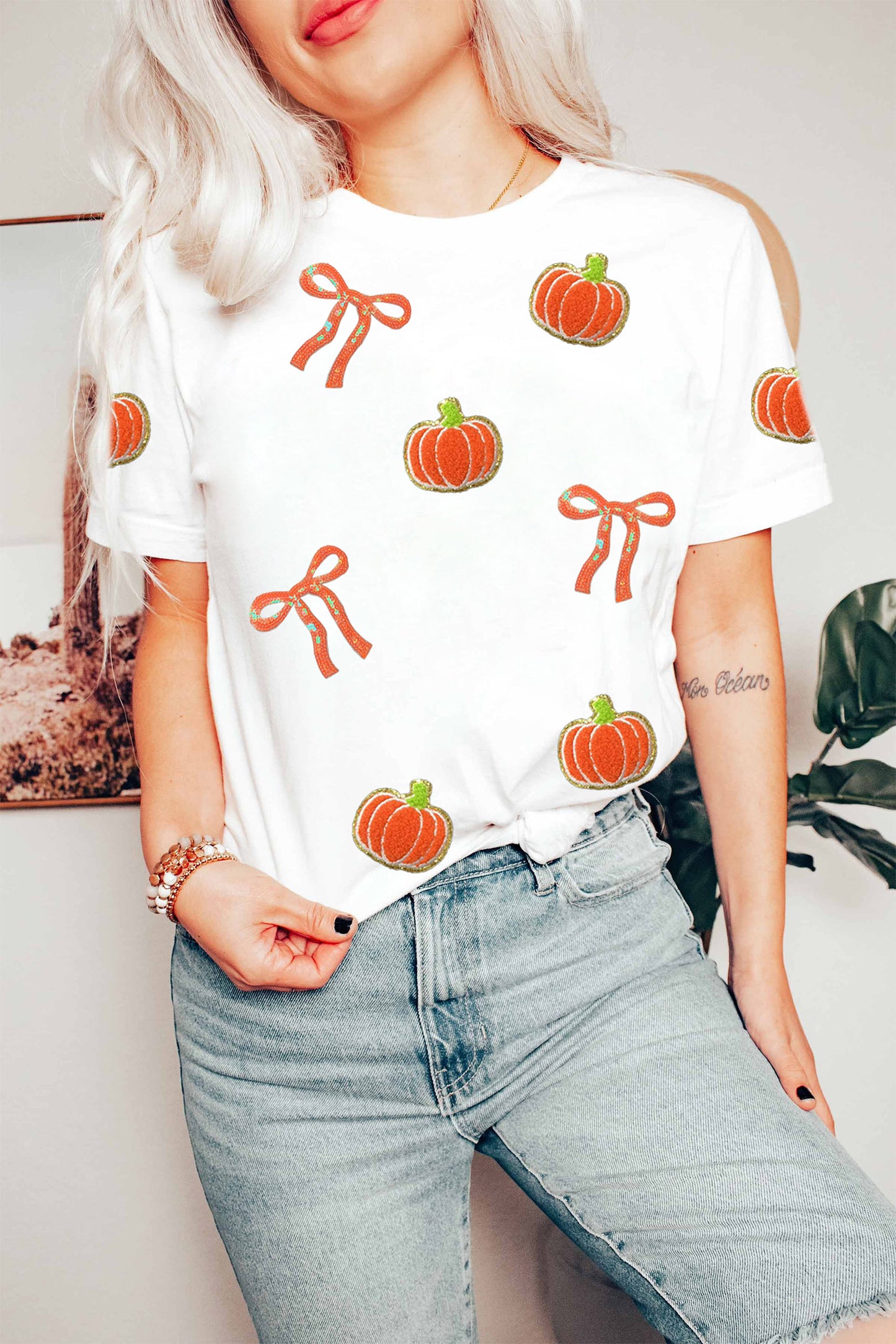 White Sequin Chenille Pumpkin Bow T-Shirt