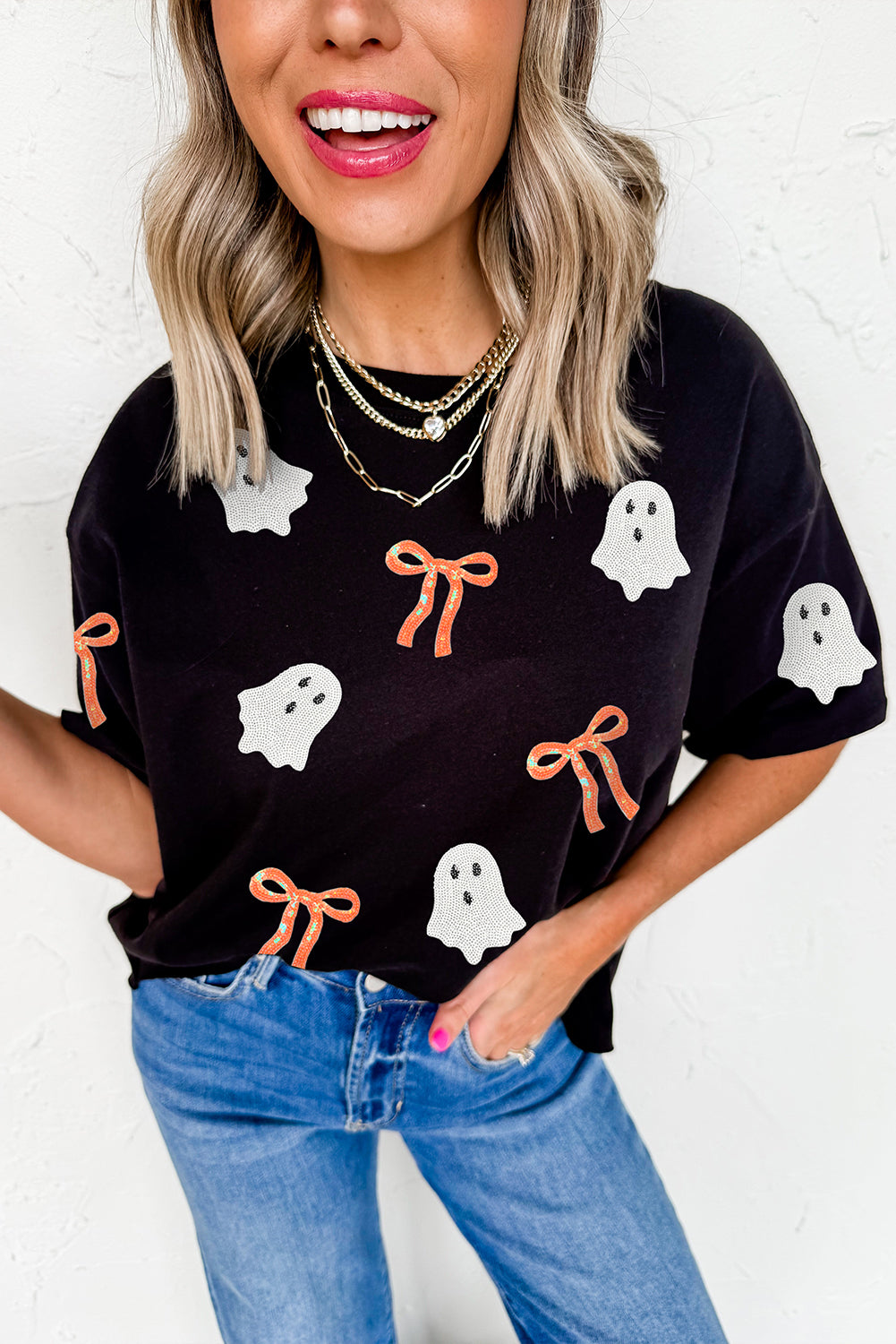 Bow Ghost Halloween Tee | Black Sequin Graphic Shirt