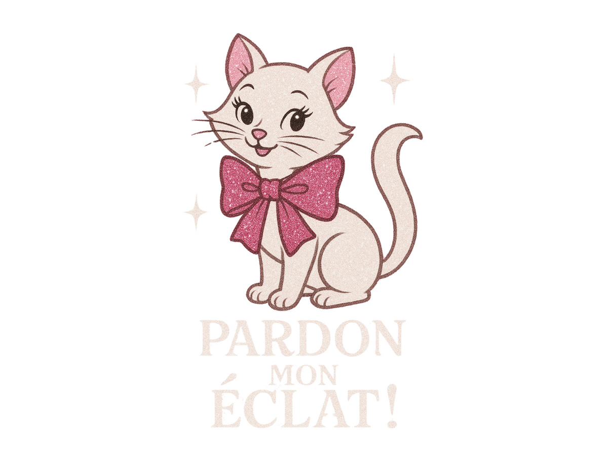 Pardon Mon Éclat White Sparkly Cat with Pink Bow Women's Tee