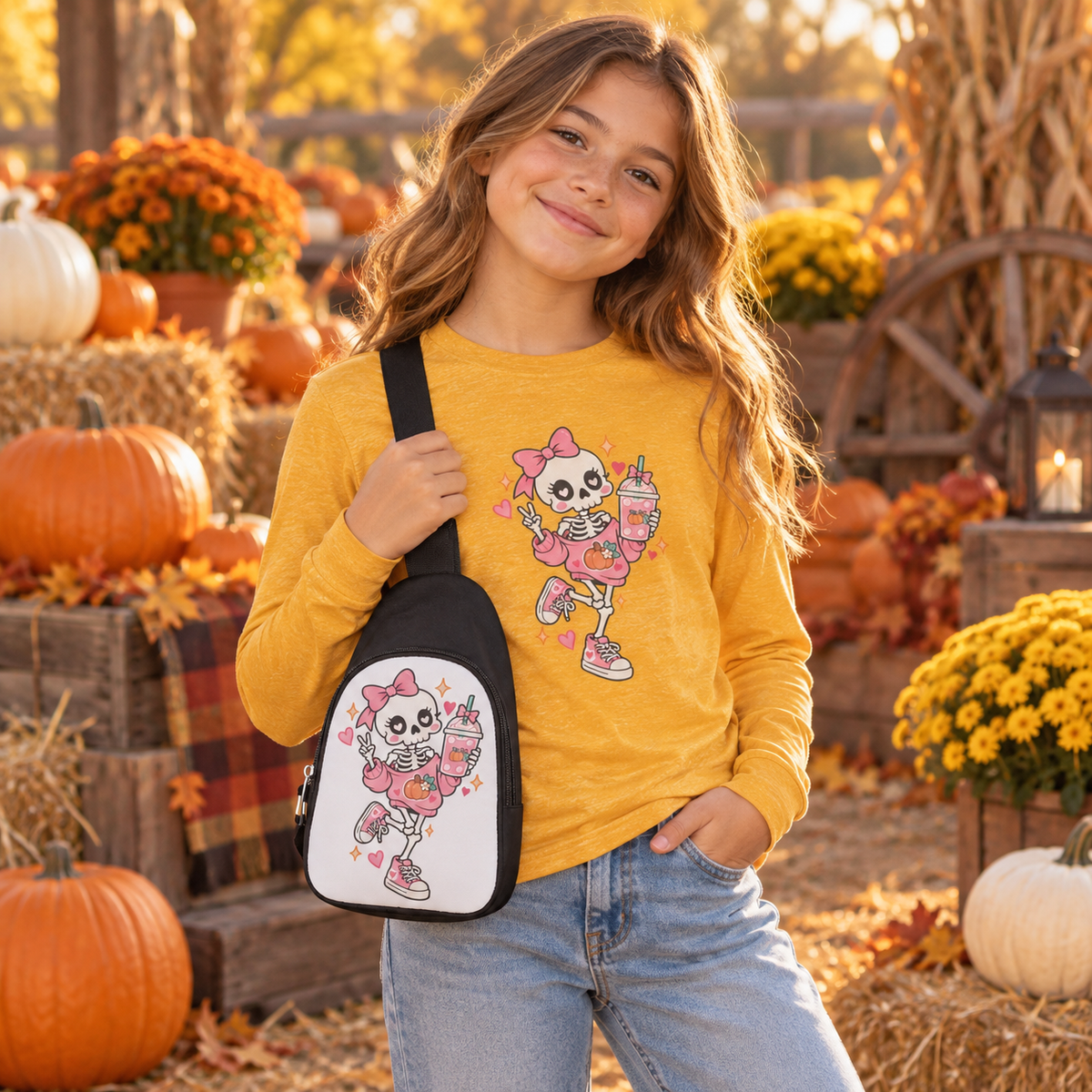 Pumpkin Spice Skeleton Cute Halloween Shirt | Youth Long Sleeve