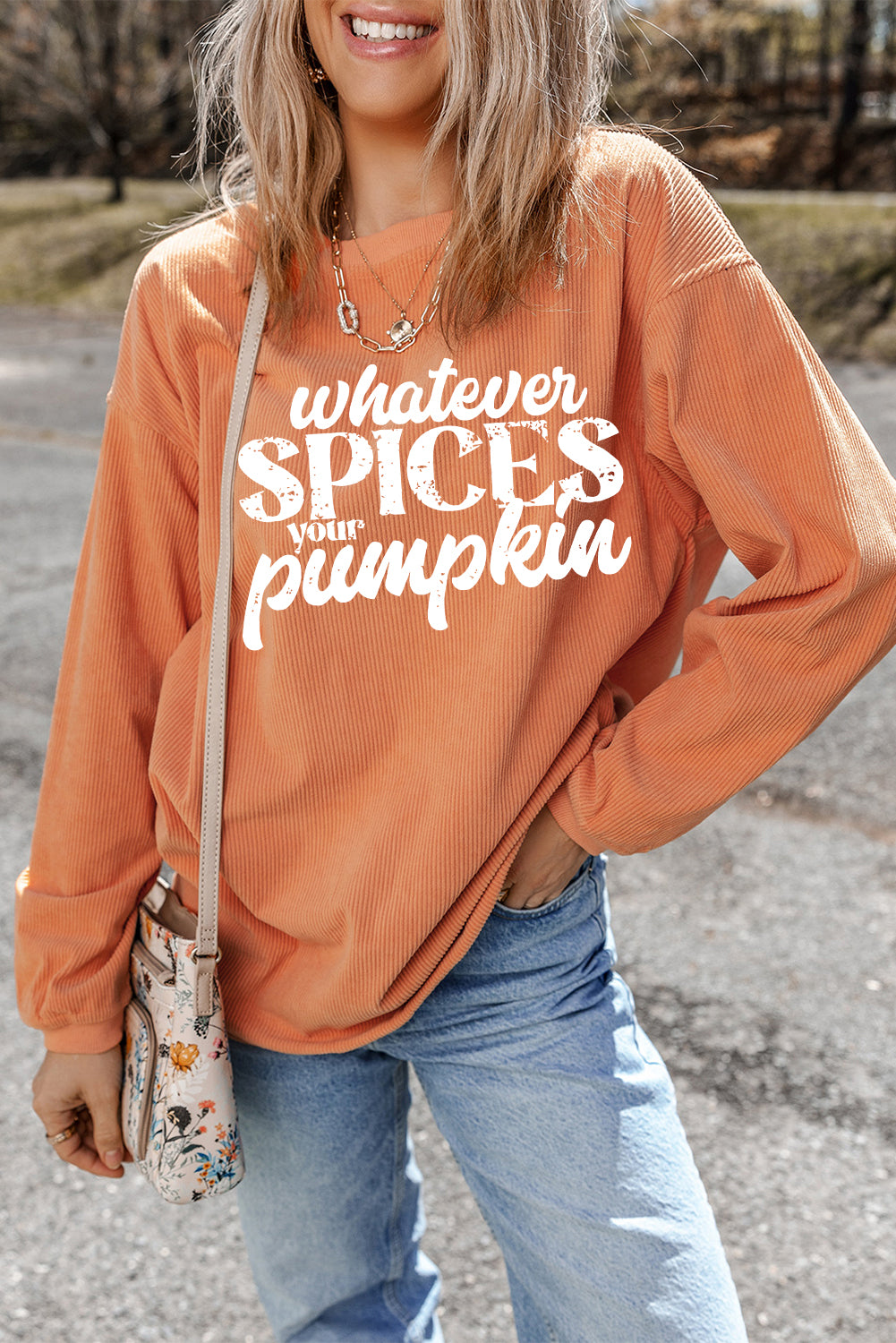 Whatever Spices Your Pumpkin Sweatshirt | Orange Corded Pullover