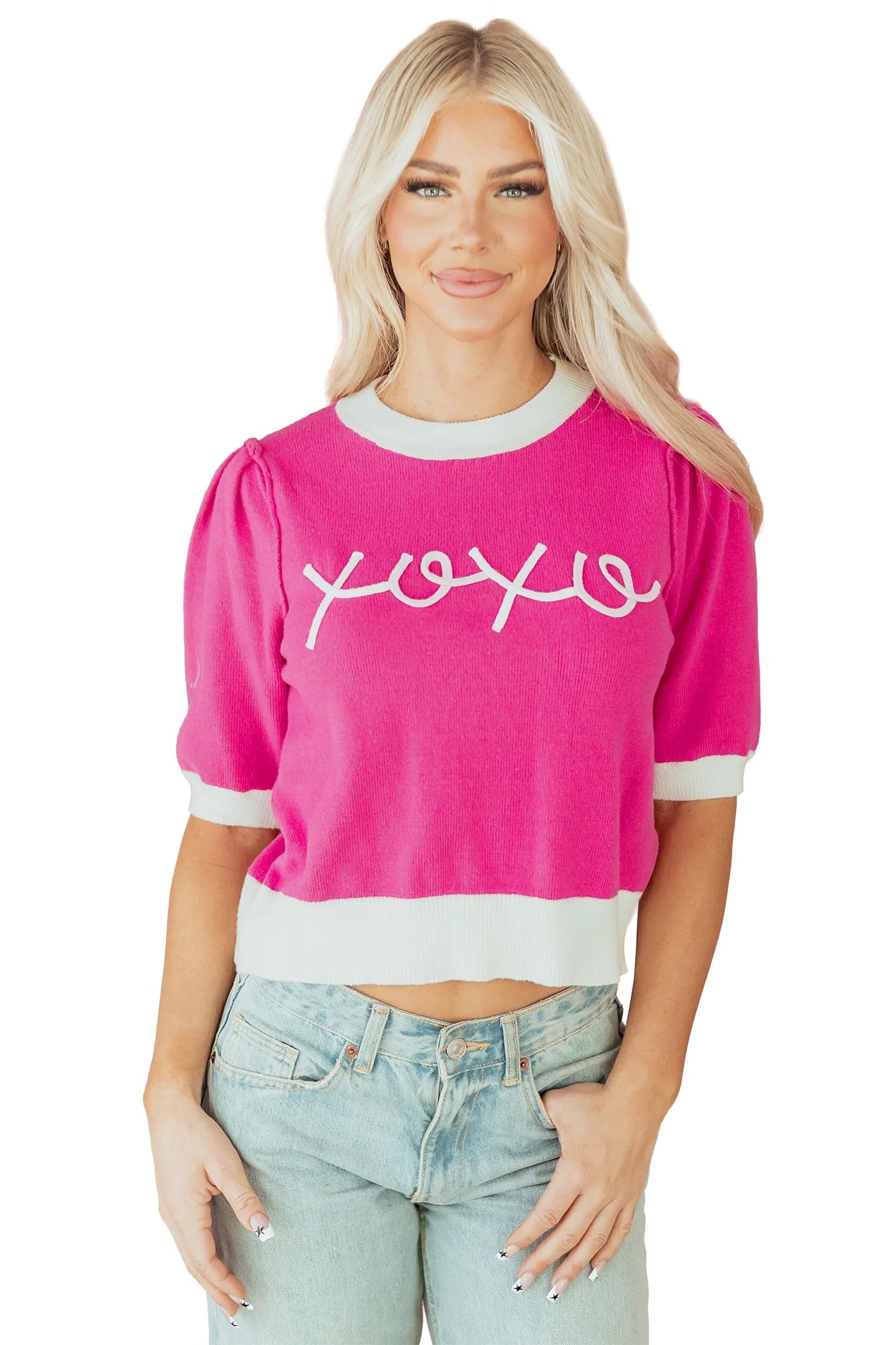 XOXO Sweater – Bright Pink Embroidered Valentine’s Sweater