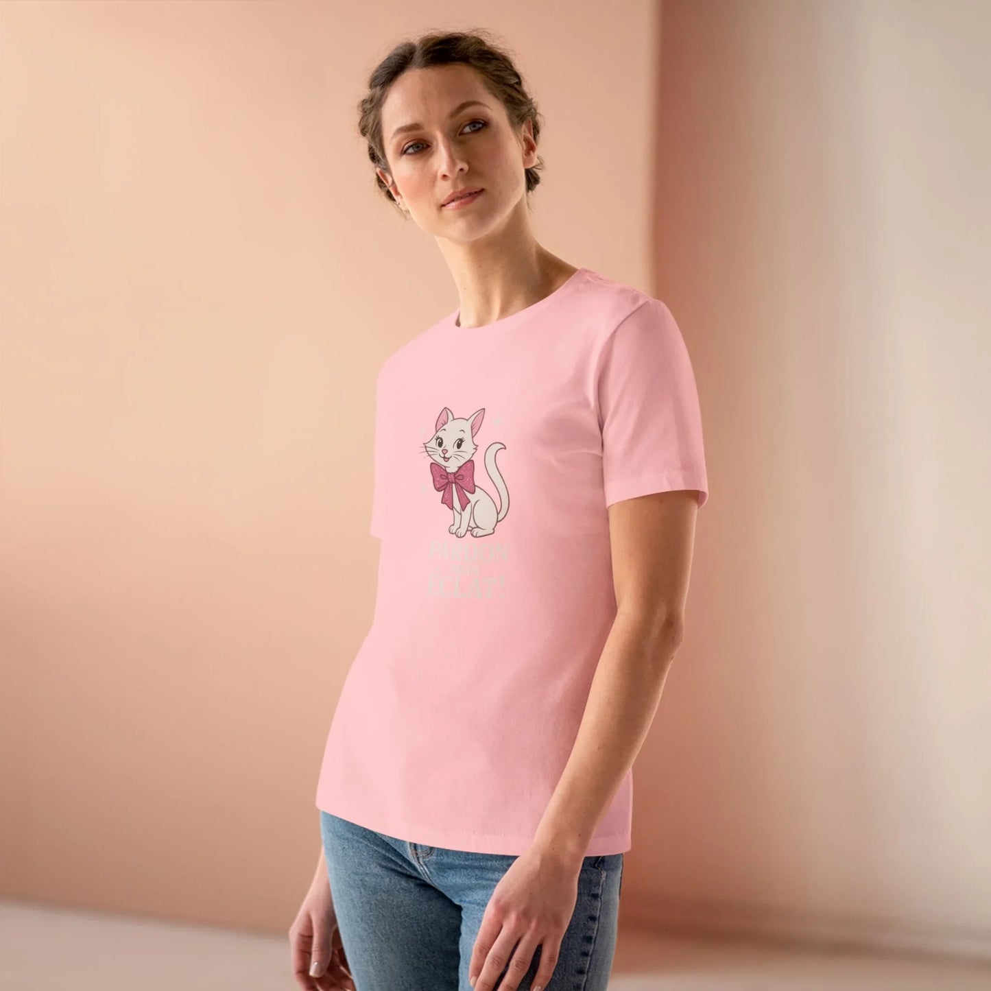 Pardon Mon Éclat White Sparkly Cat with Pink Bow Women's Tee - Whippie's