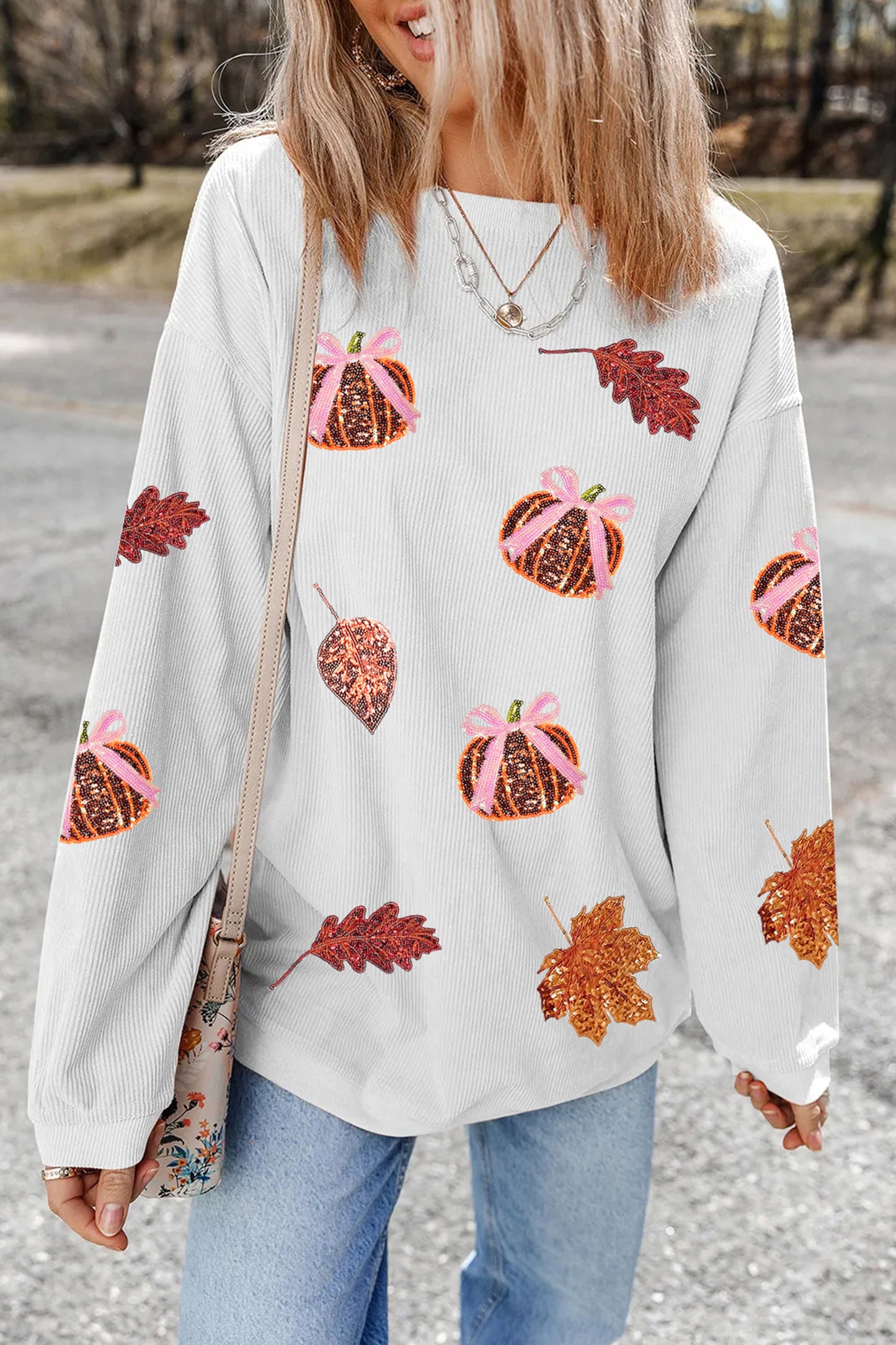 White Sequin Pumpkin Leaf Corded Oversized Sweatshirt