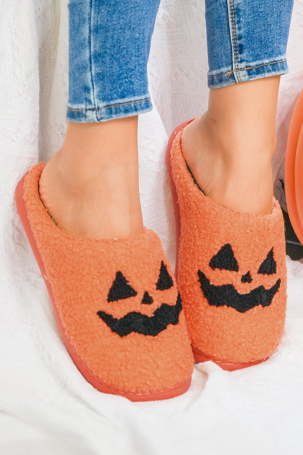 Orange Halloween Pumpkin Face Plush Slippers