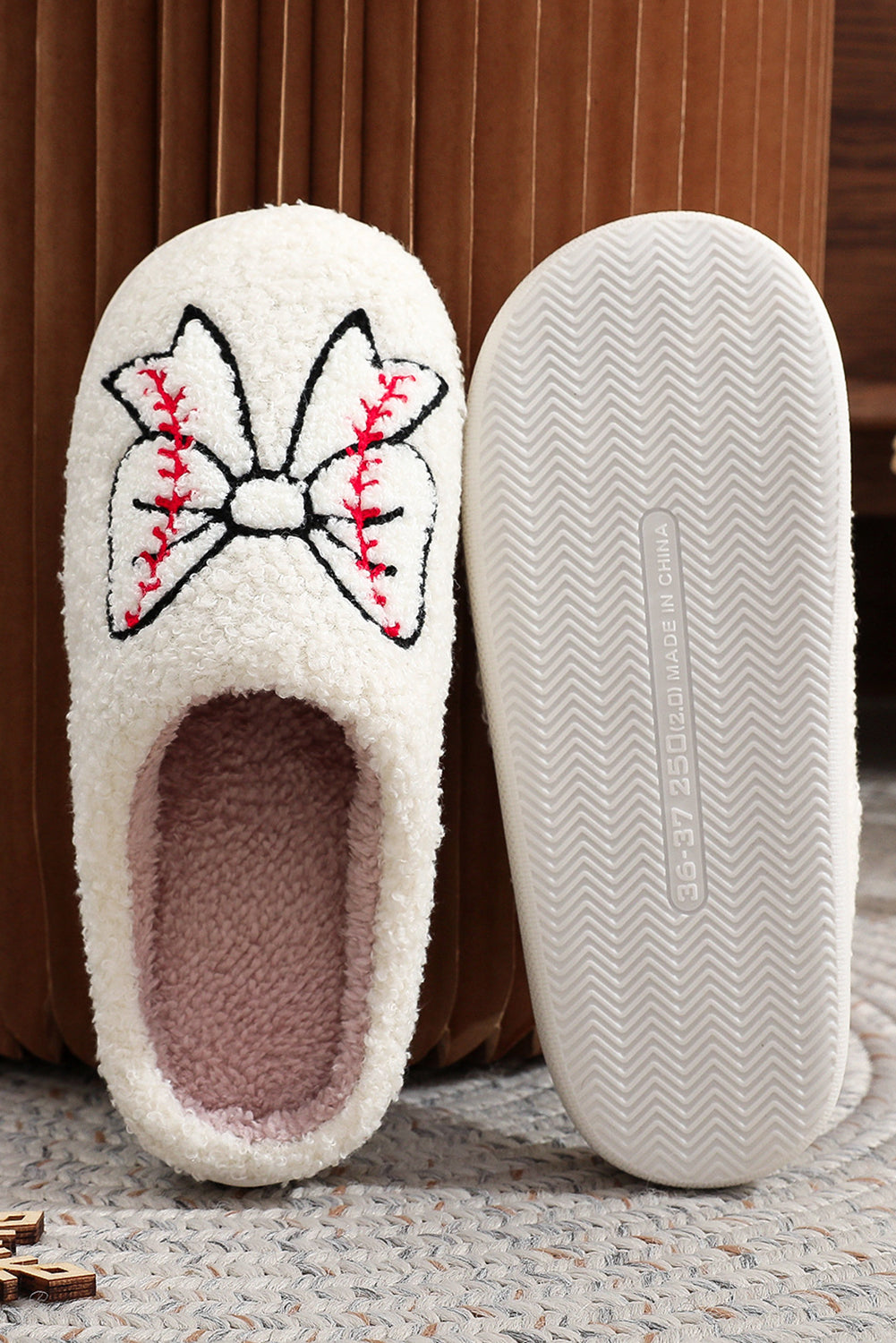 White Bow Knot Rugby Plush Warm Slippers