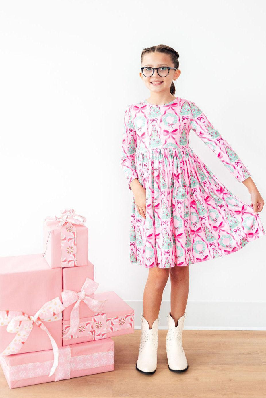 Mila & Rose Jingle Bows long-sleeve Pocket Twirl Dress, additional product view 4