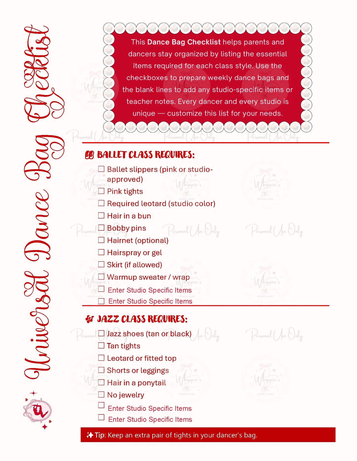 Dance Bag Schedule Bundle (Printable)