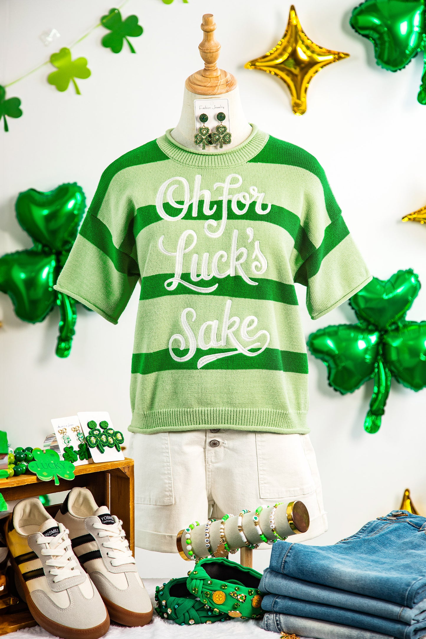 Green Stripe Oh For Luck's Sake St. Patrick's Day Short Sleeve Sweater