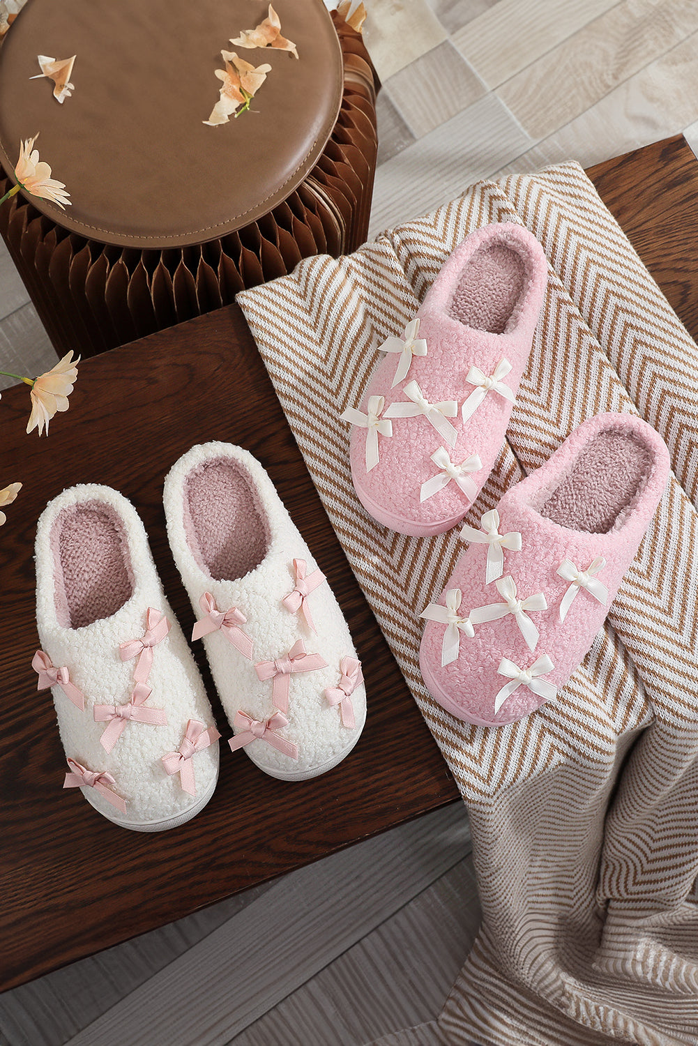 White Ribbed Bow Plush House Slippers