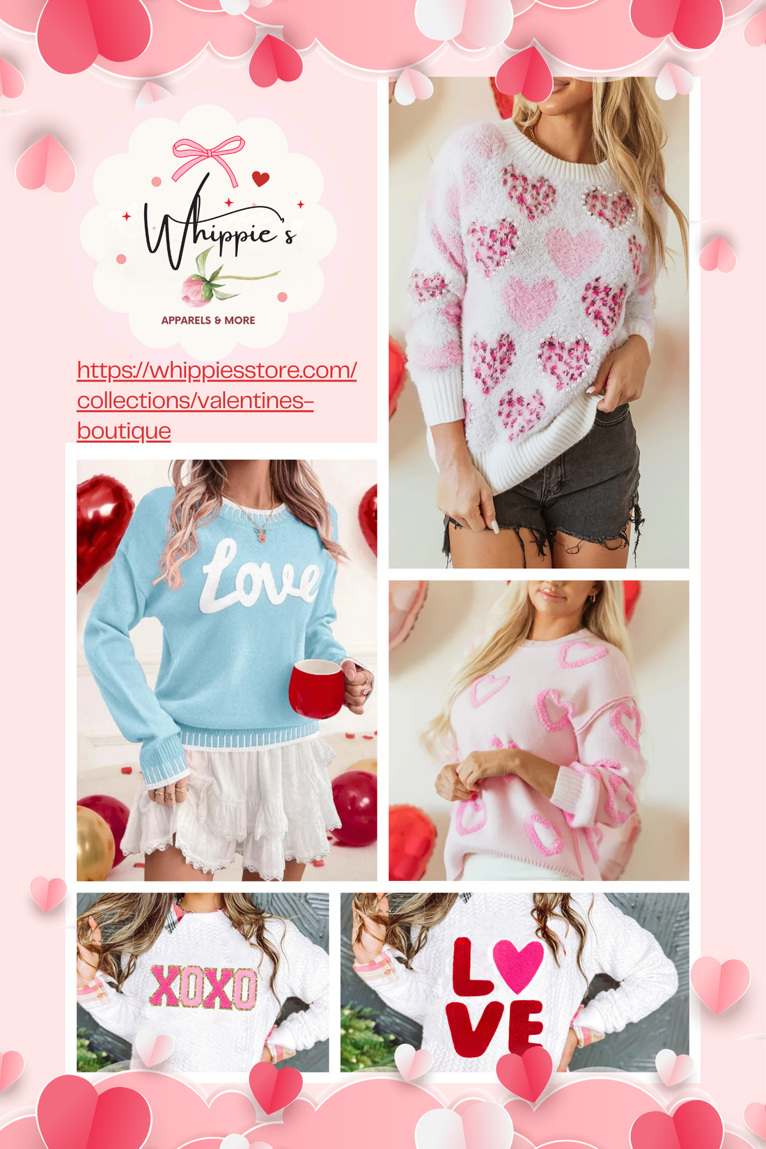 Cozy Valentine’s Day outfits and playful gift ideas from Whippie’s Valentine Boutique and Valentine’s Day collections.