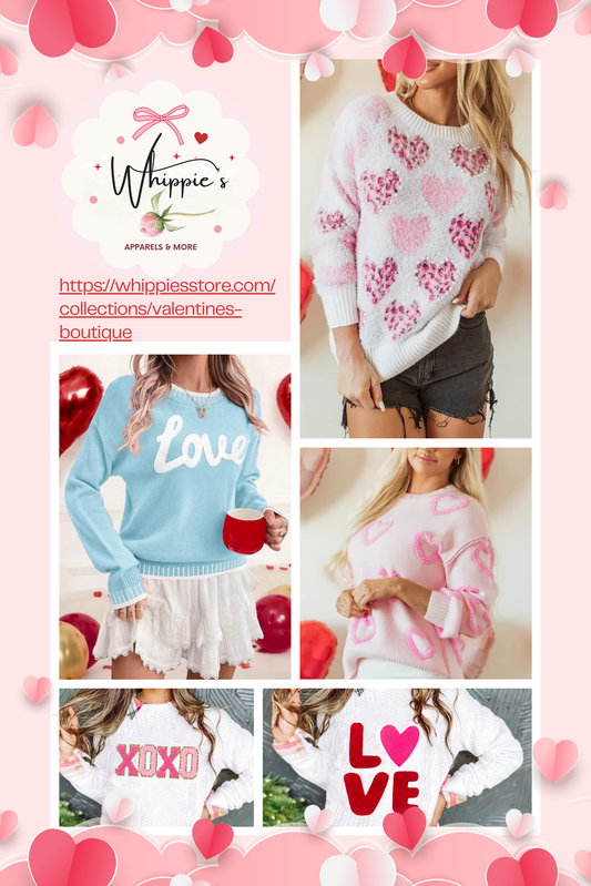 Cozy Valentine’s Day outfits and playful gift ideas from Whippie’s Valentine Boutique and Valentine’s Day collections.