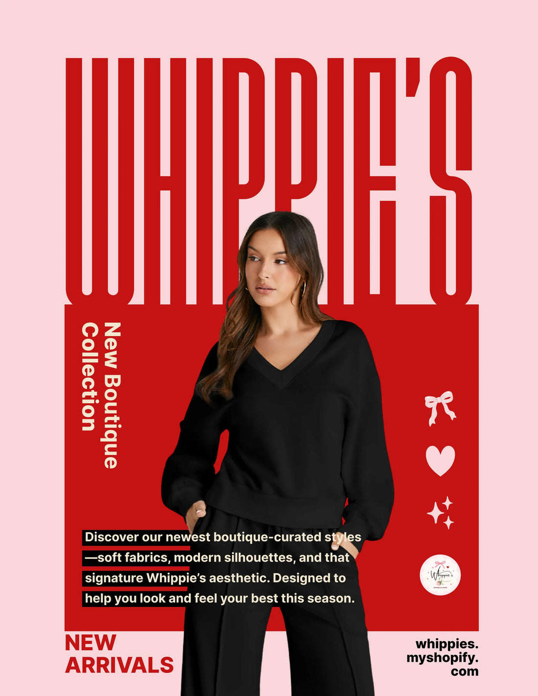 Woman wearing Whippie’s Boutique Collection outfit with red-and-pink branding – new boutique clothing launch.