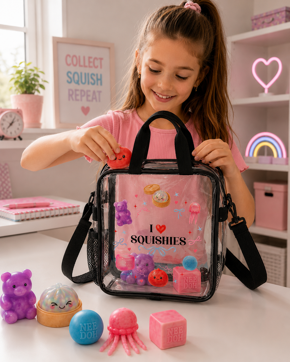 Girl organizing her squishy collection in a clear I Love Squishies storage bag