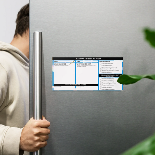 The full 'Responsibility Review' notepad on a blue background, showing all sections for behavior review, consequences, and parent and child signatures