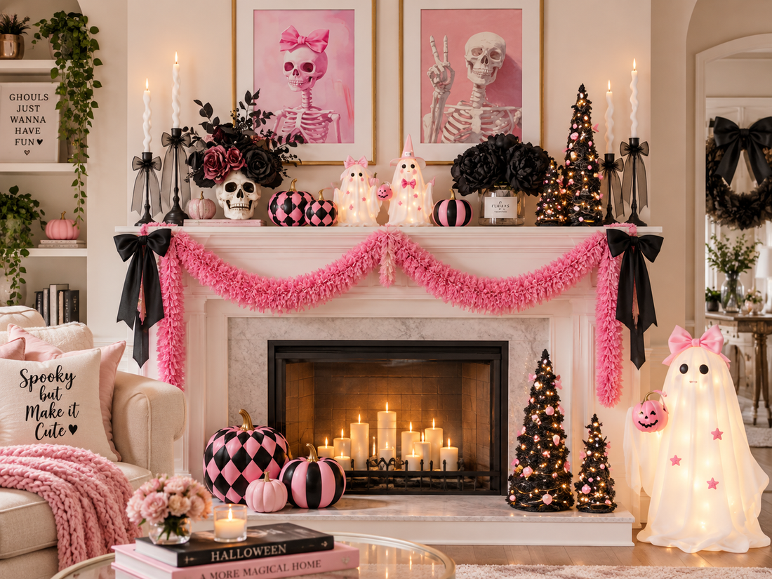 Pink and black Halloween mantel with skeleton wall art, glowing ghost, black florals, candles and pumpkins