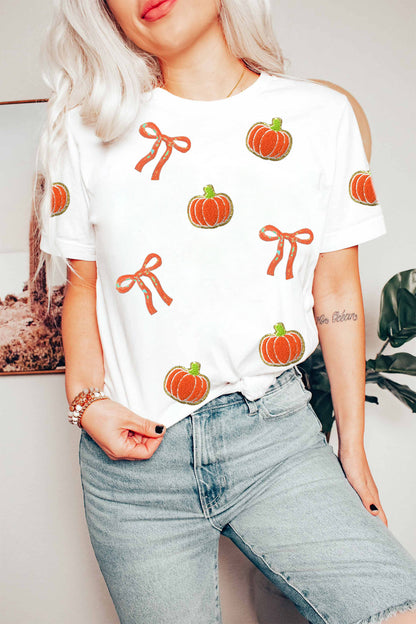 White Sequin Chenille Pumpkin Bow T-Shirt