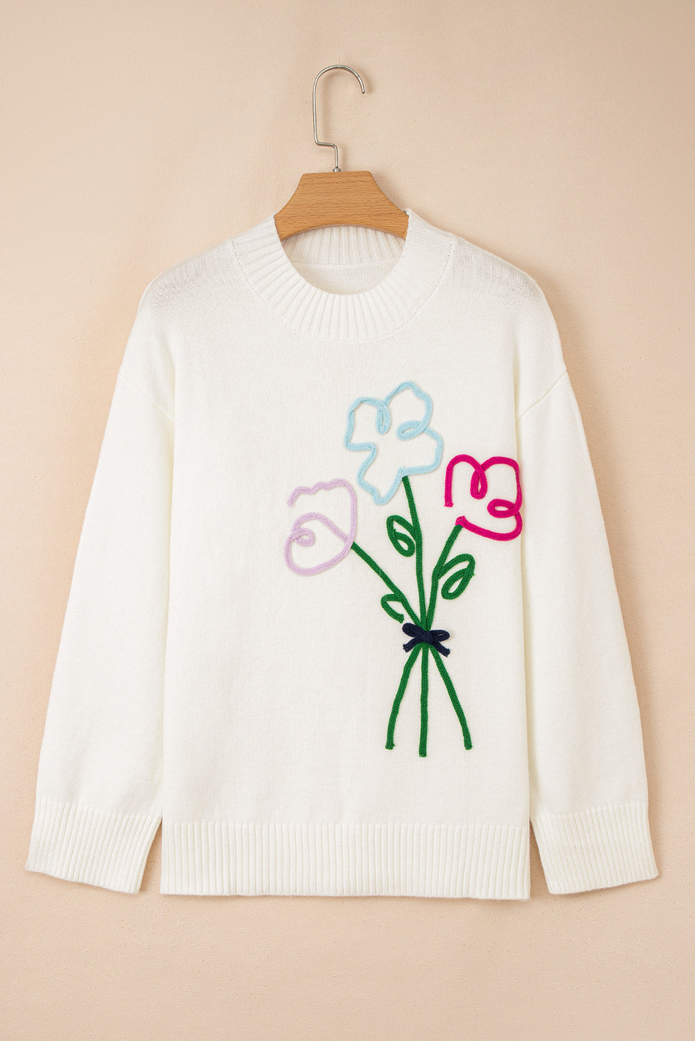 White Embroidered Flower Bouquet Loose Sweater