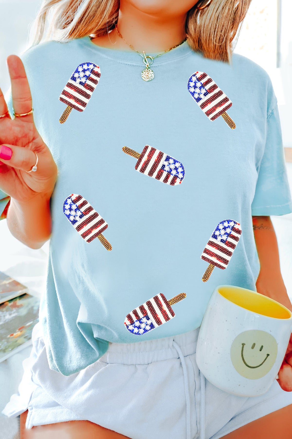 Light Blue Patriotic Sequin Popsicle T-Shirt