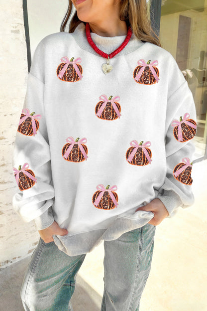 Light Grey Sequin Bow Pumpkin Patch Color Block Sweatshirt