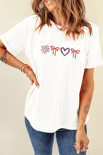 White Love July 4th Firework Bow Embroidered T-Shirt