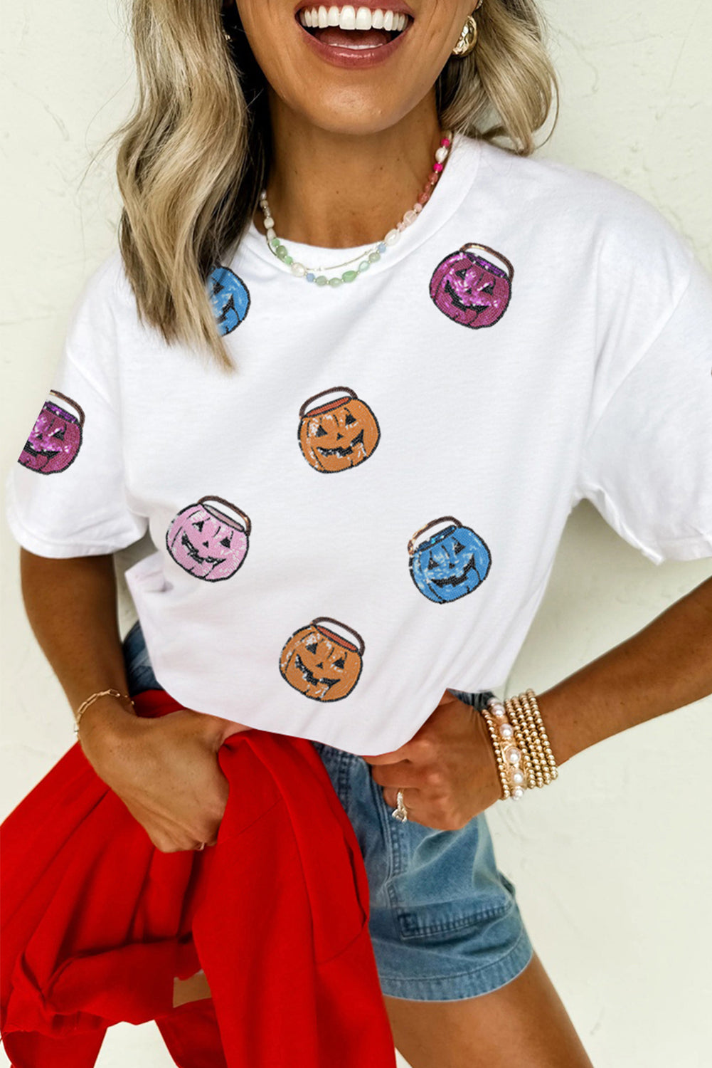 White Sequin Pumpkin Face Patched Crew Neck Holiday T-Shirt