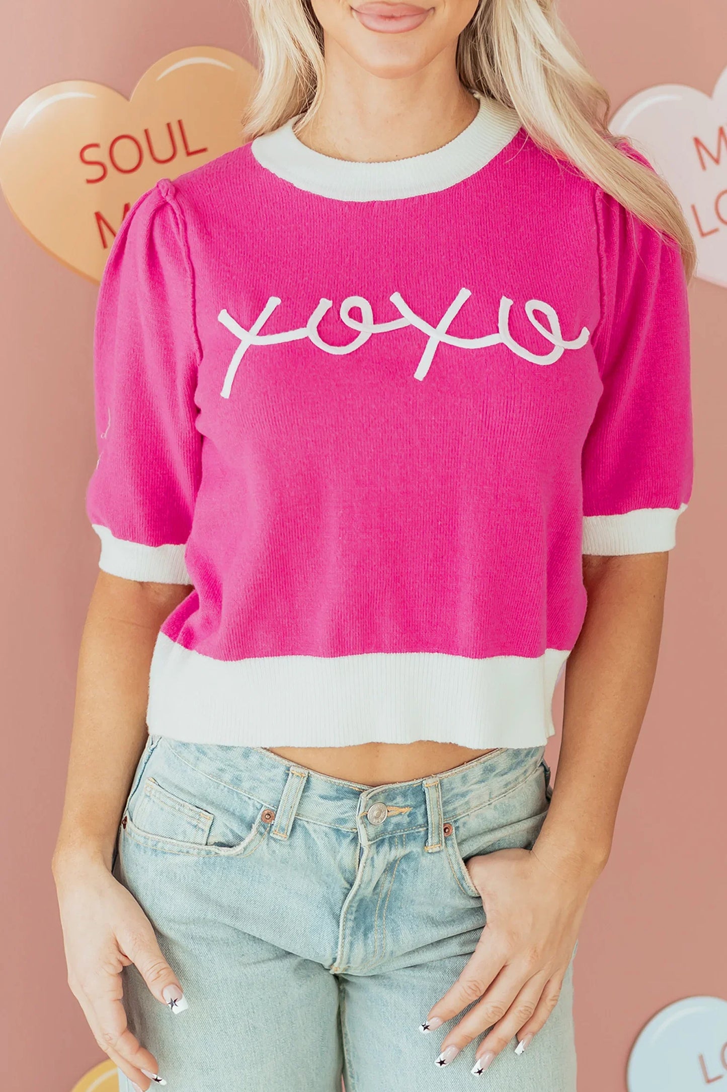 XOXO Sweater – Bright Pink Embroidered Valentine’s Sweater