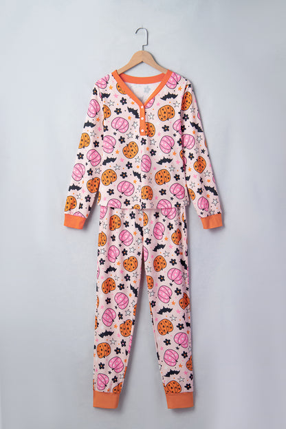 Pink Halloween Pumpkin Print Long Sleeve Lounge Set