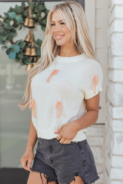 Short Sleeve Knit Applique Bow Sweater