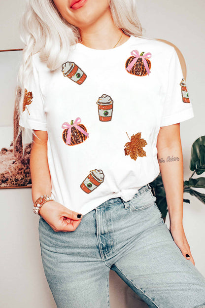 White Sequined Pumpkin Fall Graphic T-Shirt