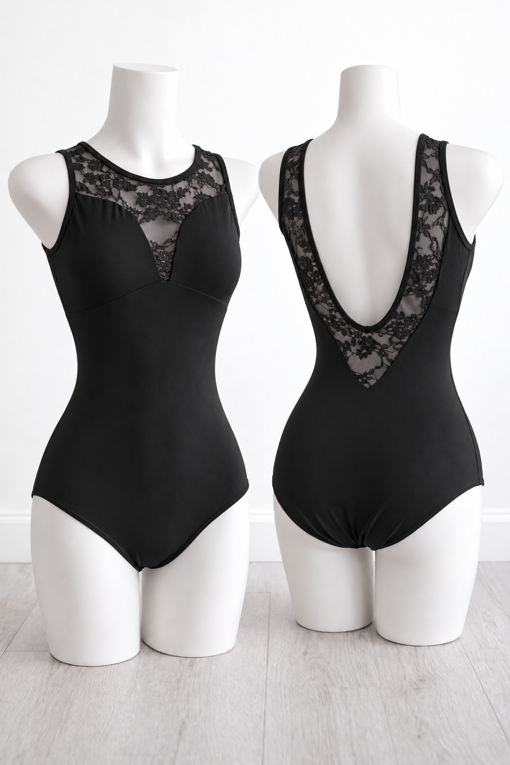 Black Lace Leotard | Black Swan: Front and low-back views on mannequins