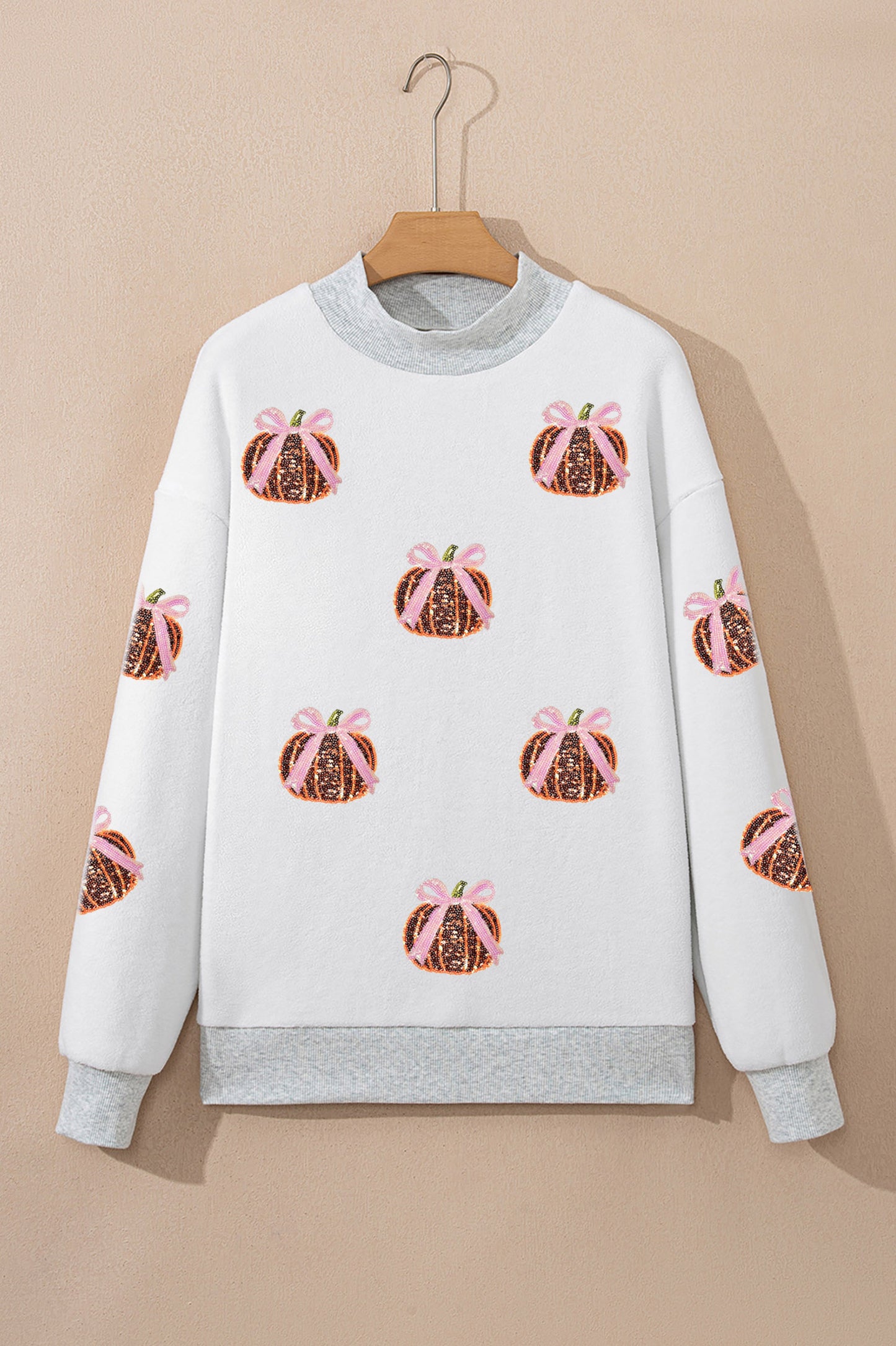 Light Grey Sequin Bow Pumpkin Patch Color Block Sweatshirt