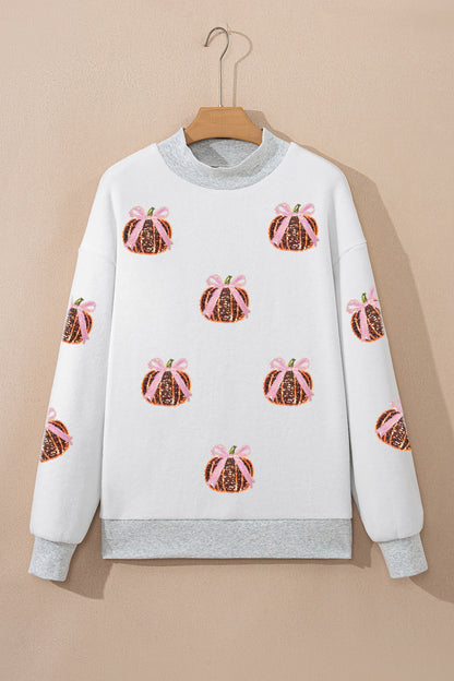 Light Grey Sequin Bow Pumpkin Patch Color Block Sweatshirt
