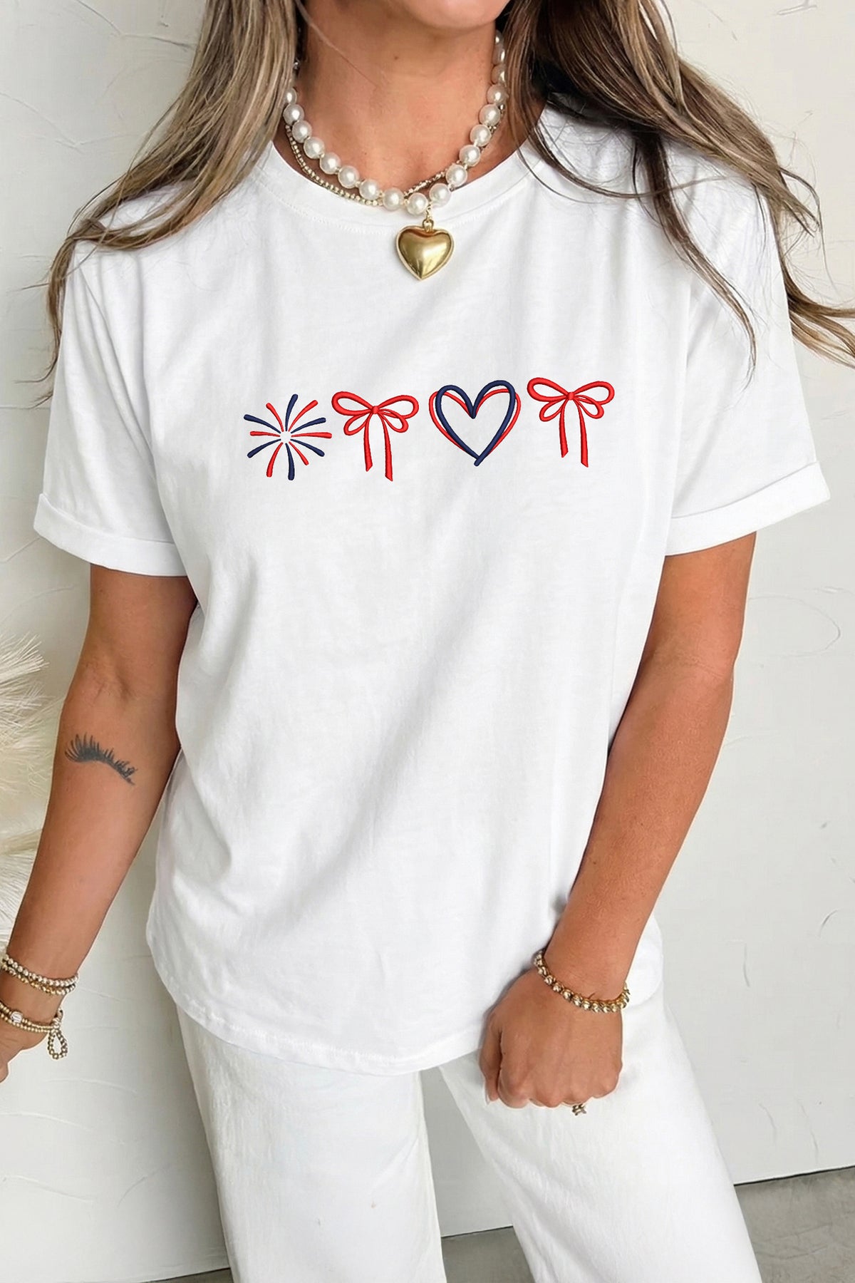 White Love July 4th Firework Bow Embroidered T-Shirt