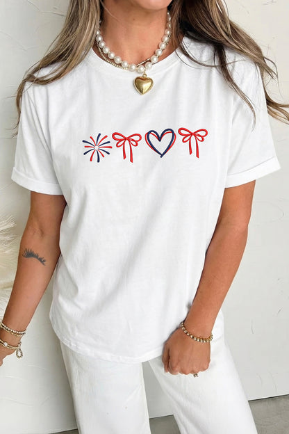 White Love July 4th Firework Bow Embroidered T-Shirt