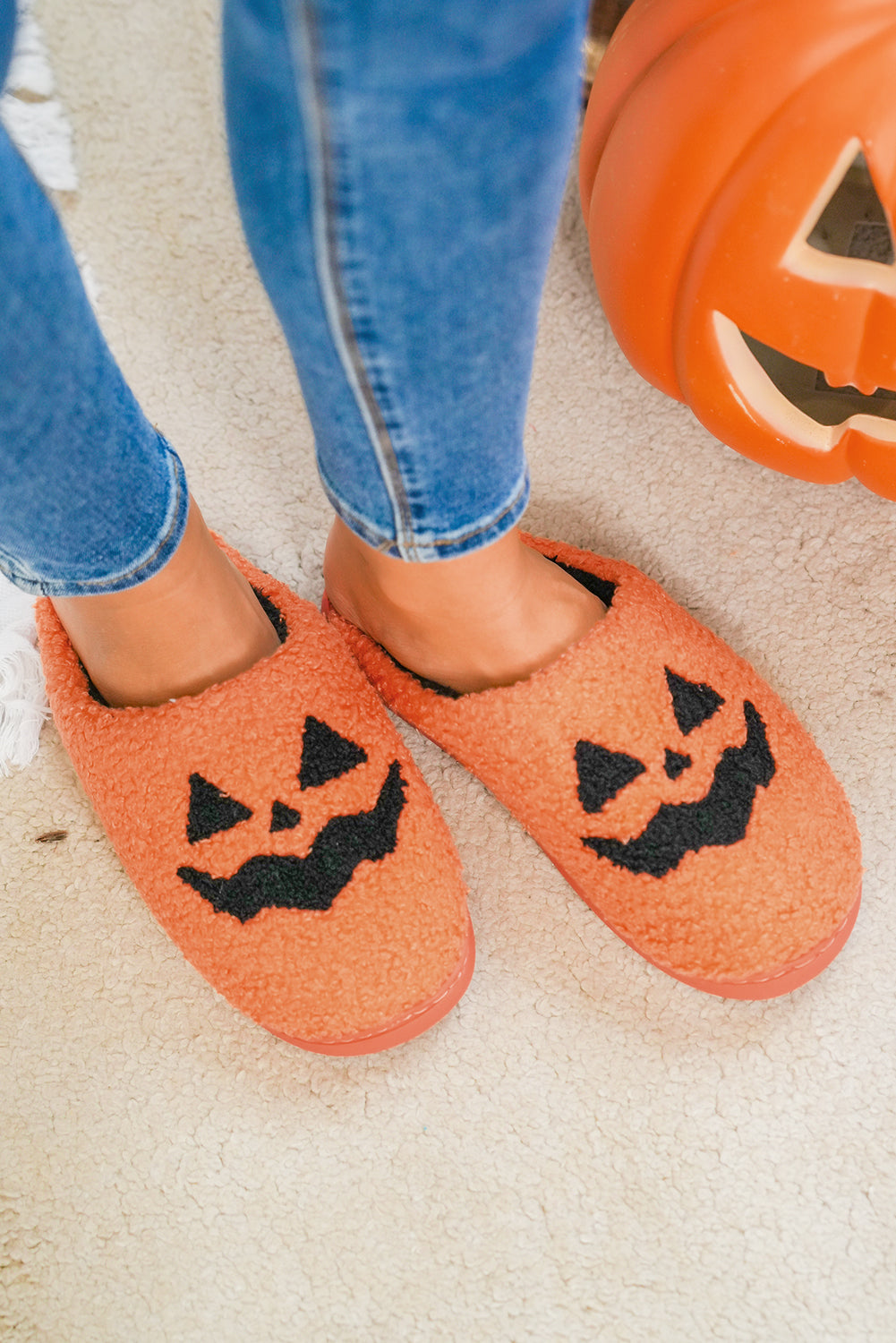 Orange Halloween Pumpkin Face Plush Slippers