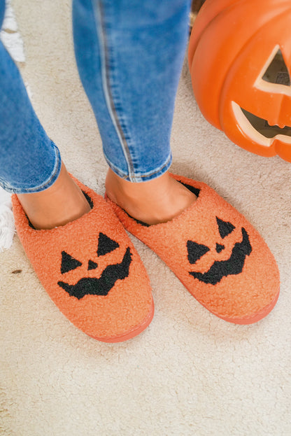 Orange Halloween Pumpkin Face Plush Slippers