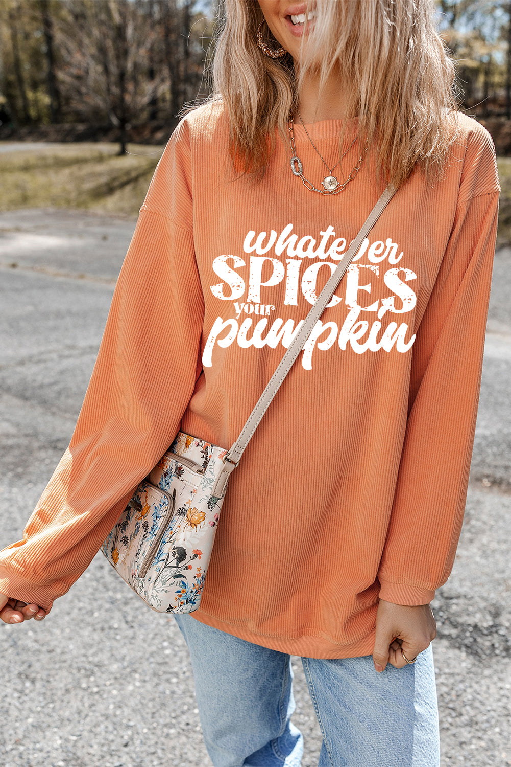 Whatever Spices Your Pumpkin Sweatshirt | Orange Corded Pullover