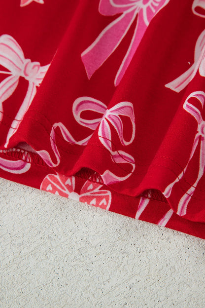 Red Sweet Bow Pajamas Ruffled Shirt Shorts Set
