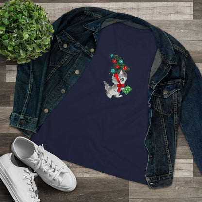 Kittie with Christmas Tree Hat and Card - Women's Softstyle Tee - Whippie's