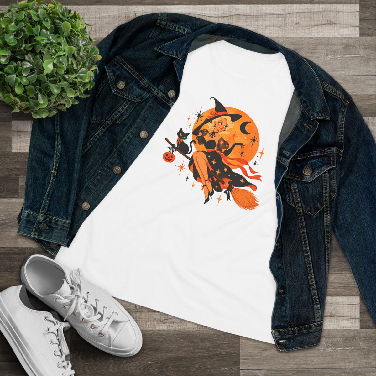 White blonde witch shirt styled with denim jacket and sneakers