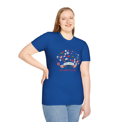 Merry Happy Everything 🎉 Unisex T-Shirt - Red, White & Blue Holiday Cheer! - Whippie's