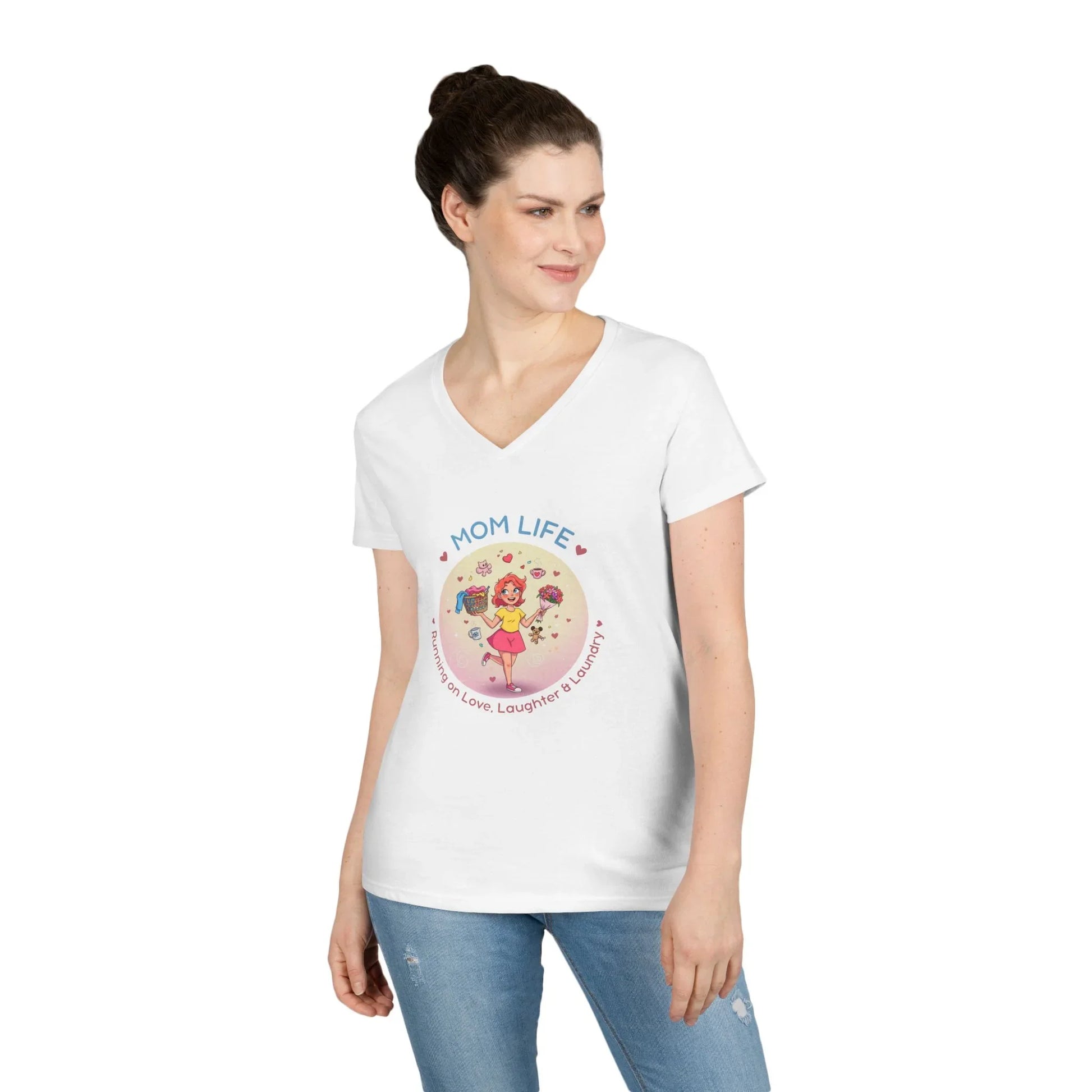 Mom Life: Running on Love, Laughter & Laundry V-Neck T-Shirt - Whippie's