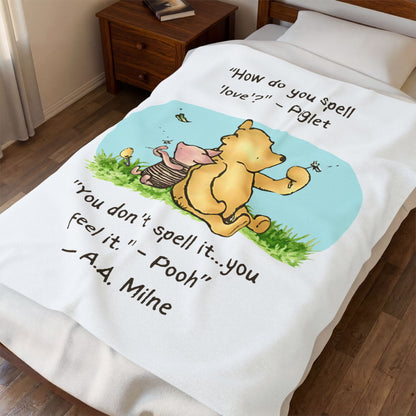 50" x 60" Blanket with Winnie the Pooh and Piglet cartoon on a twin bed. Blanket  is a ilttle shorter than the bed.