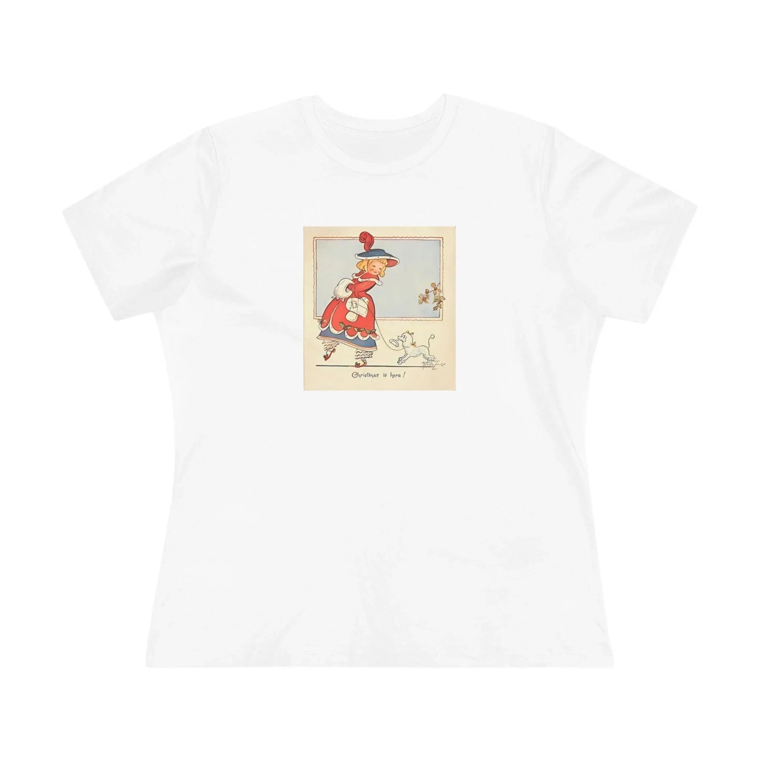 Christmas is Here - Vintage Girl with Poodle - Women's Softstyle Tee - Whippie's