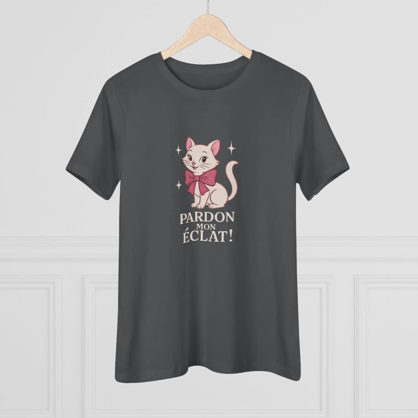 Pardon Mon Éclat White Sparkly Cat with Pink Bow Women's Tee - Whippie's