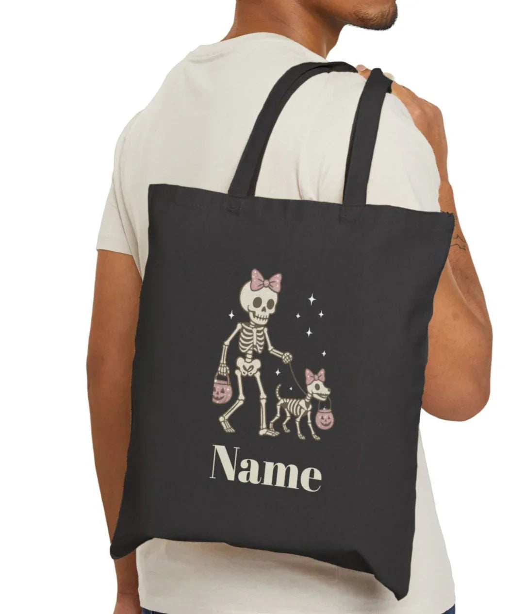 Pink Bow Halloween Friends Cotton Canvas Tote Bag - Personalizable