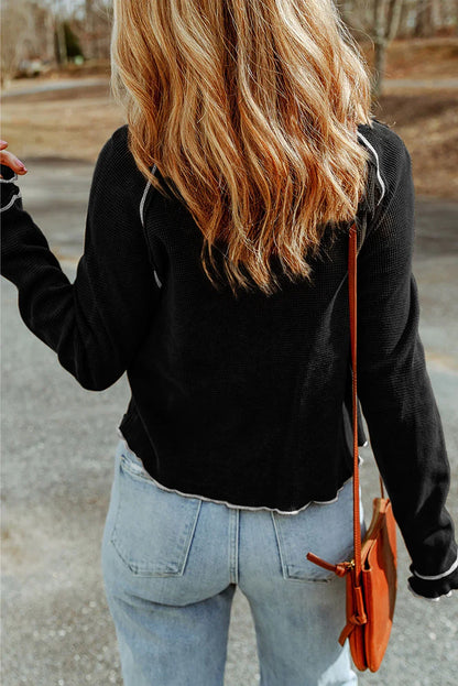 Blue Textured Round Neck Long Sleeve Top