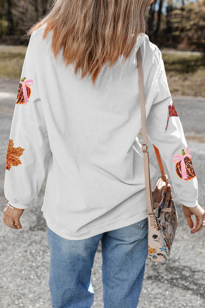 White Sequin Pumpkin Leaf Corded Oversized Sweatshirt