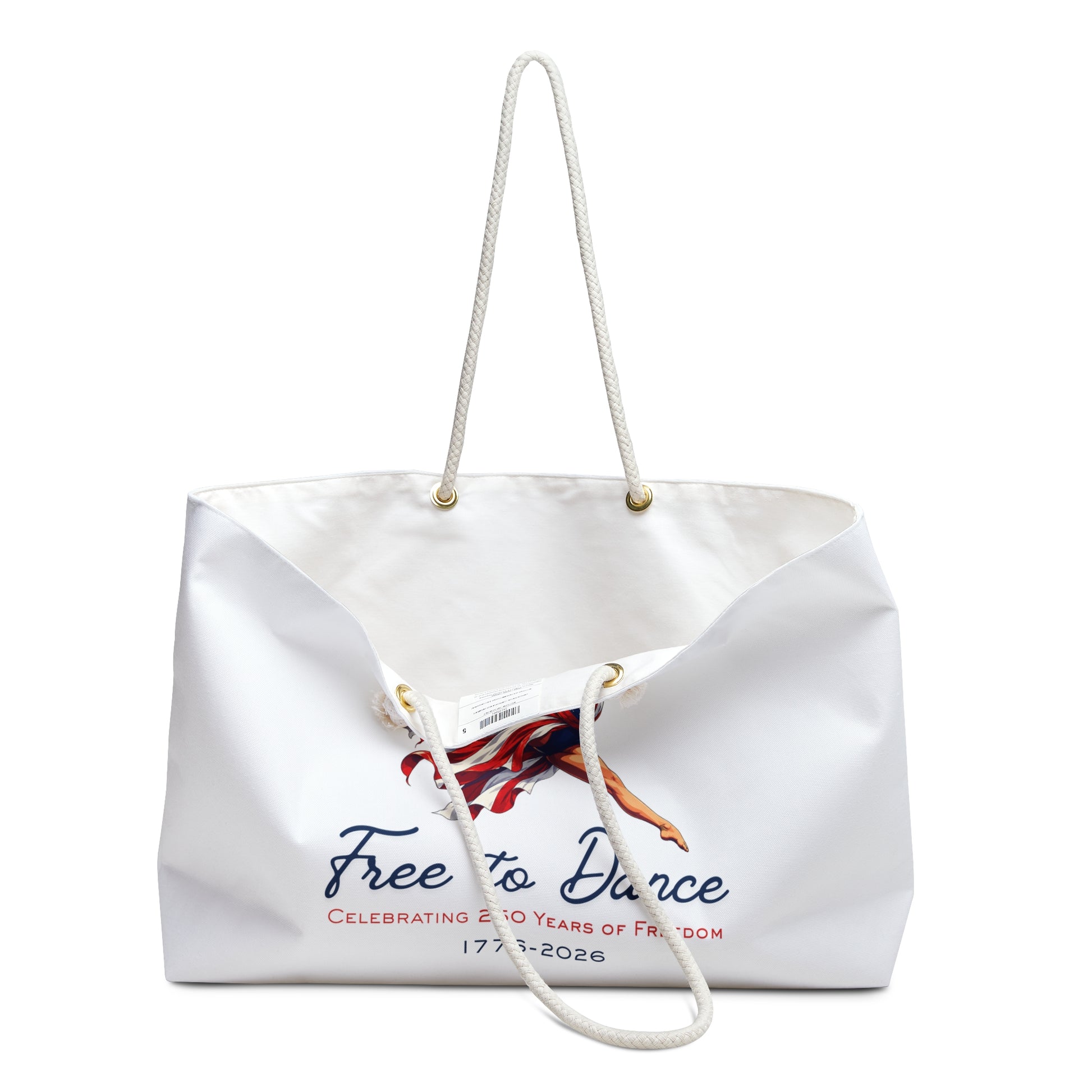 White tote bag showing one handle down with Free to Dance  Celebrating 250 Years of Freedom 1776-2026 design on a white background